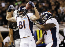 Denver Broncos tight end Joel Dreessen (81) reacts after scoring a touchdown on a 6-yard pass from quarterback Peyton Manning during the first quarter of an NFL football game against the Oakland Raiders in Oakland, Calif., Thursday, Dec. 6, 2012.