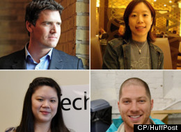 RIM headquarters in Waterloo, Ont. Former employees (clockwise from top left): Dennis Kavelman, June Tran, Michael Litt and Su Low. (Photo of RIM headquarters by Peter Power/The Globe and Mail; Employees HuffPost Canada)