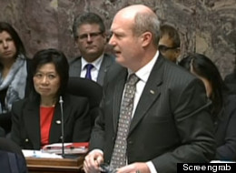B.C. Finance Minister Mike de Jong delivers the 2013/14 budget. (Screengrab)